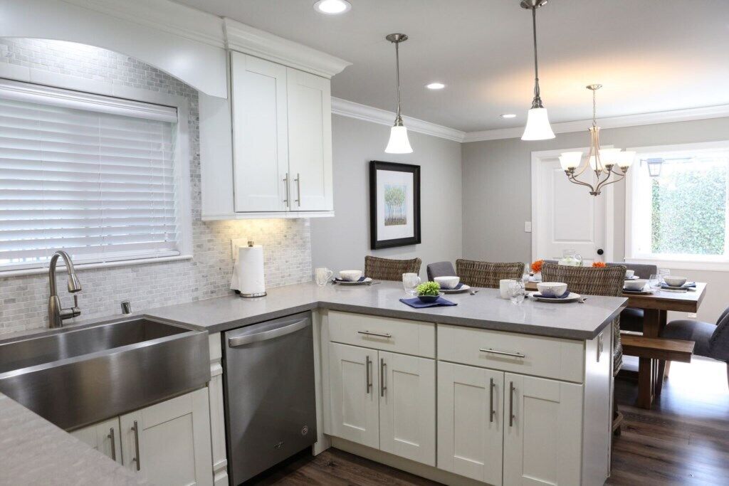 A modern kitchen with white cabinetry, a stainless steel sink, and a built-in dishwasher.