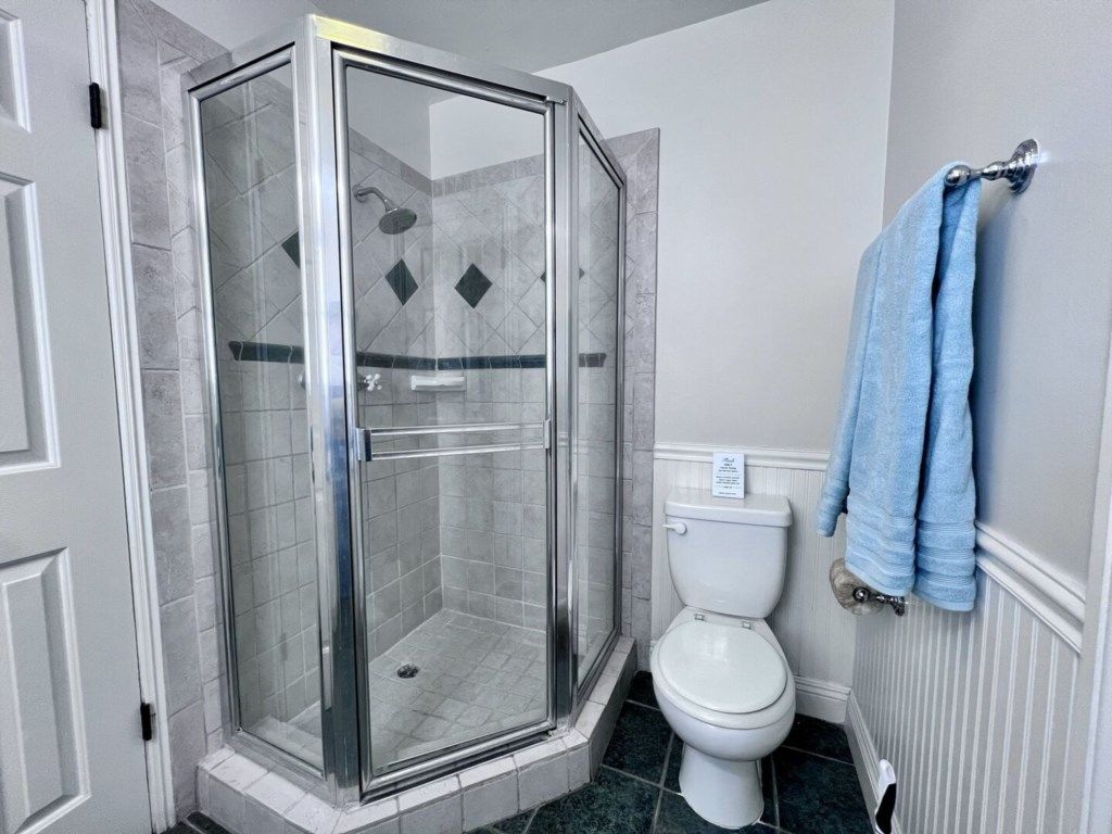 A bathroom with a glass-enclosed shower, a white toilet, and a towel rack with towels.
