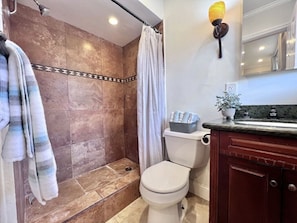 Ein Badezimmer mit Dusche, Toilette und Waschbecken.
