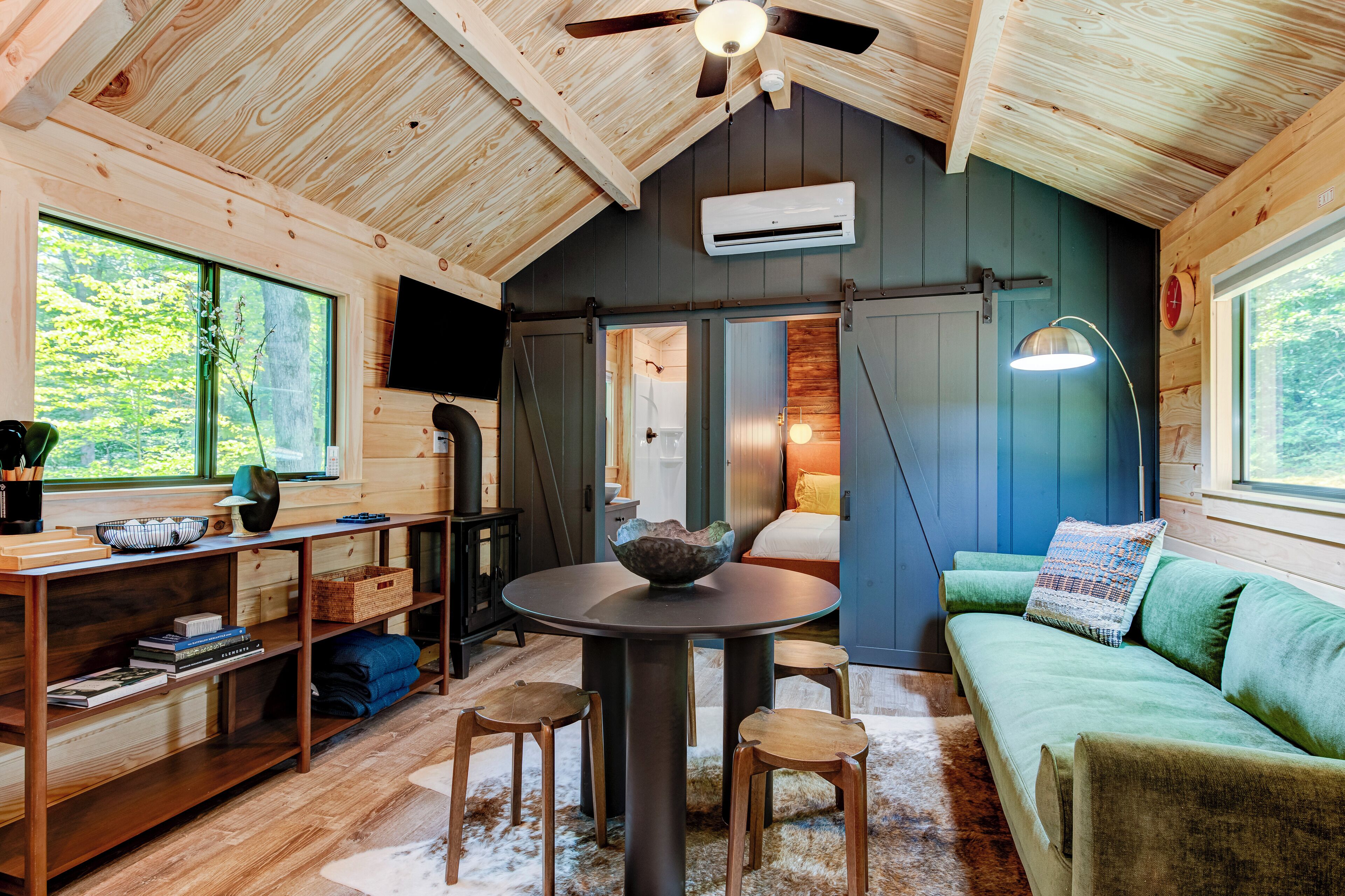 TV connectée, cheminée, livres