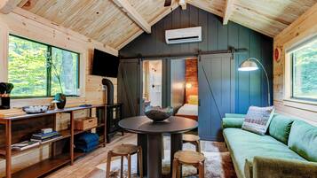 Smart TV, fireplace, books