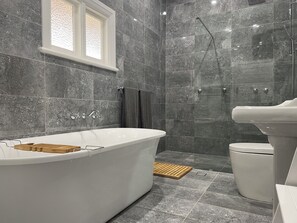 Hair dryer, towels, soap, shampoo