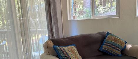 A cozy living room with a beige sofa, two patterned throw pillows, a fluffy rug, and sheer curtains.