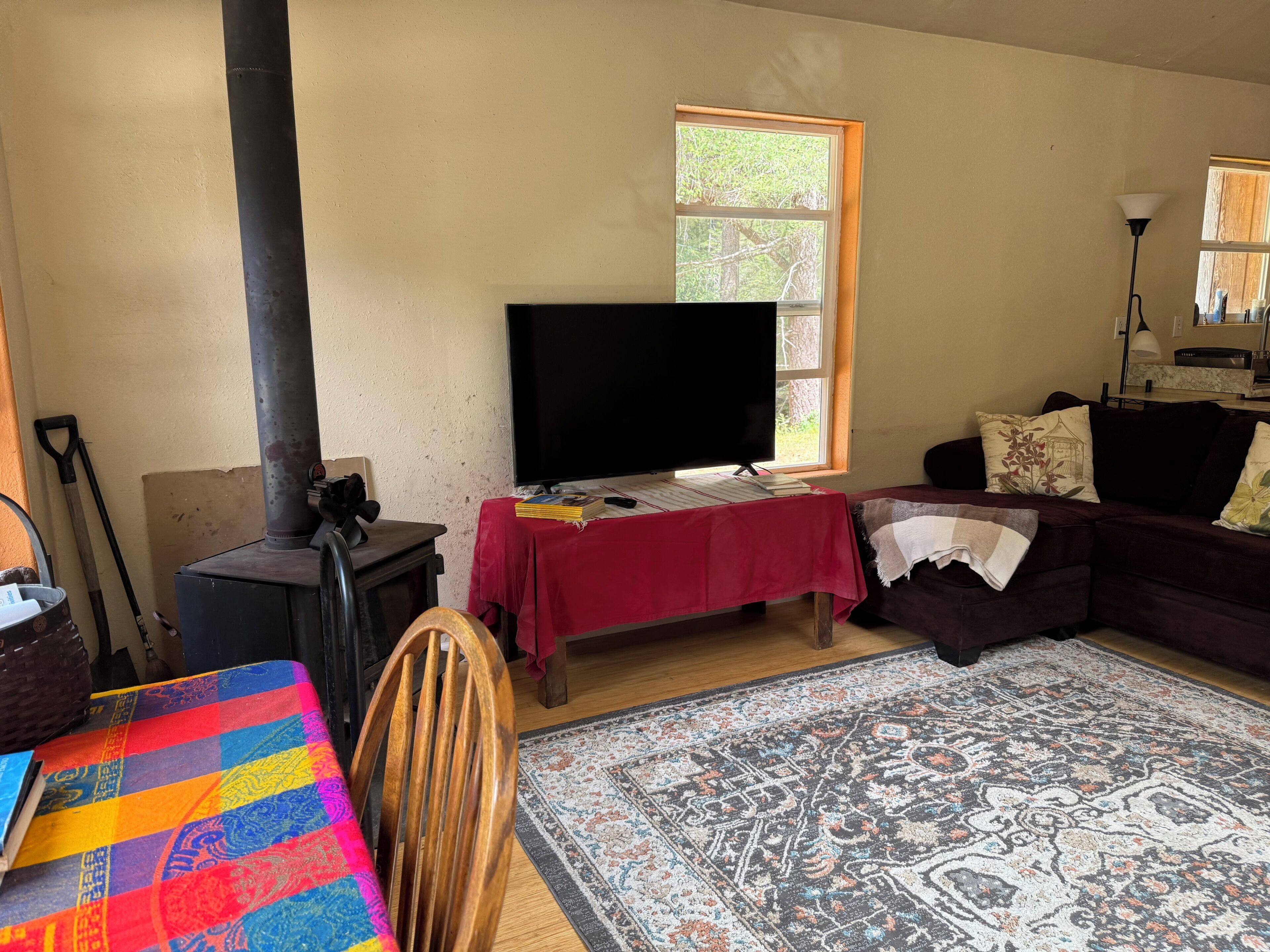 Una sala de estar con televisor, una mesa roja, un tapete estampado, un sofá y una chimenea.