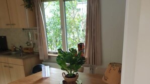 A compact kitchen with a wooden table, two chairs, a potted plant, and a window with curtains.