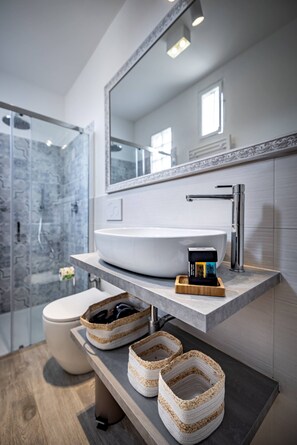 Shower, hair dryer, soap