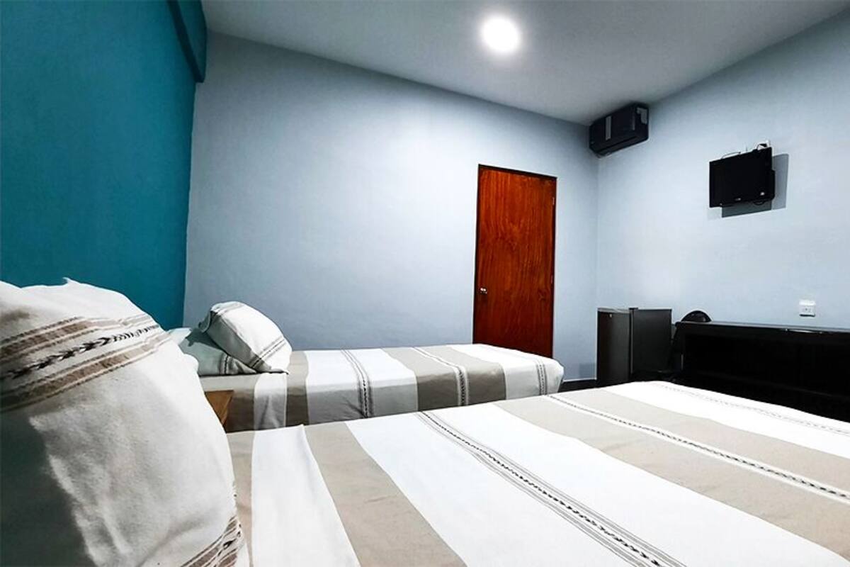 A bedroom with two beds, a television, a wardrobe, and a door.