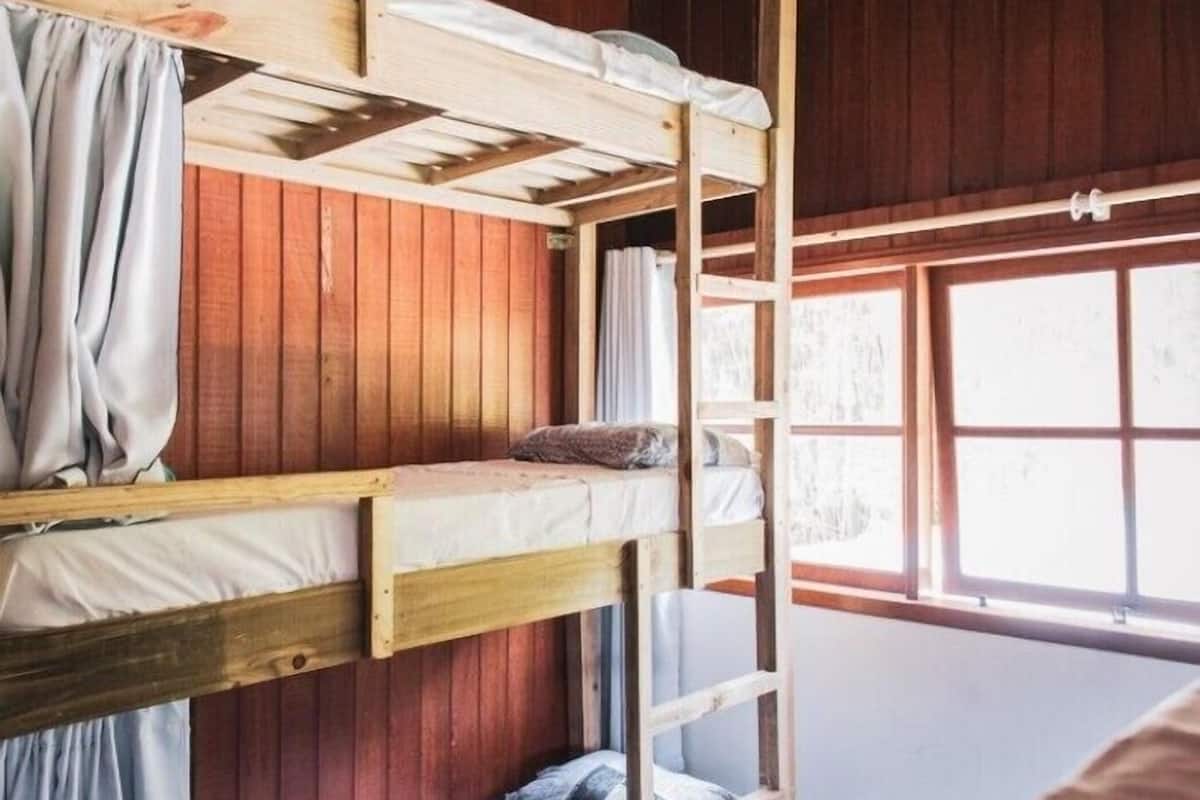 Une chambre avec un lit superposé, des murs en bois et une fenêtre.