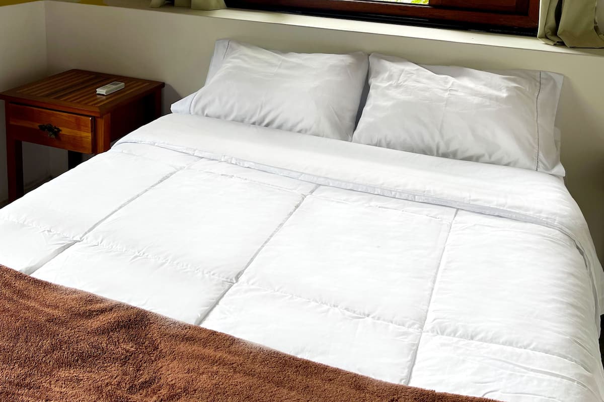 Une chambre à coucher comprenant un lit, une table de chevet en bois, une fenêtre donnant sur un paysage verdoyant et un appareil de climatisation.