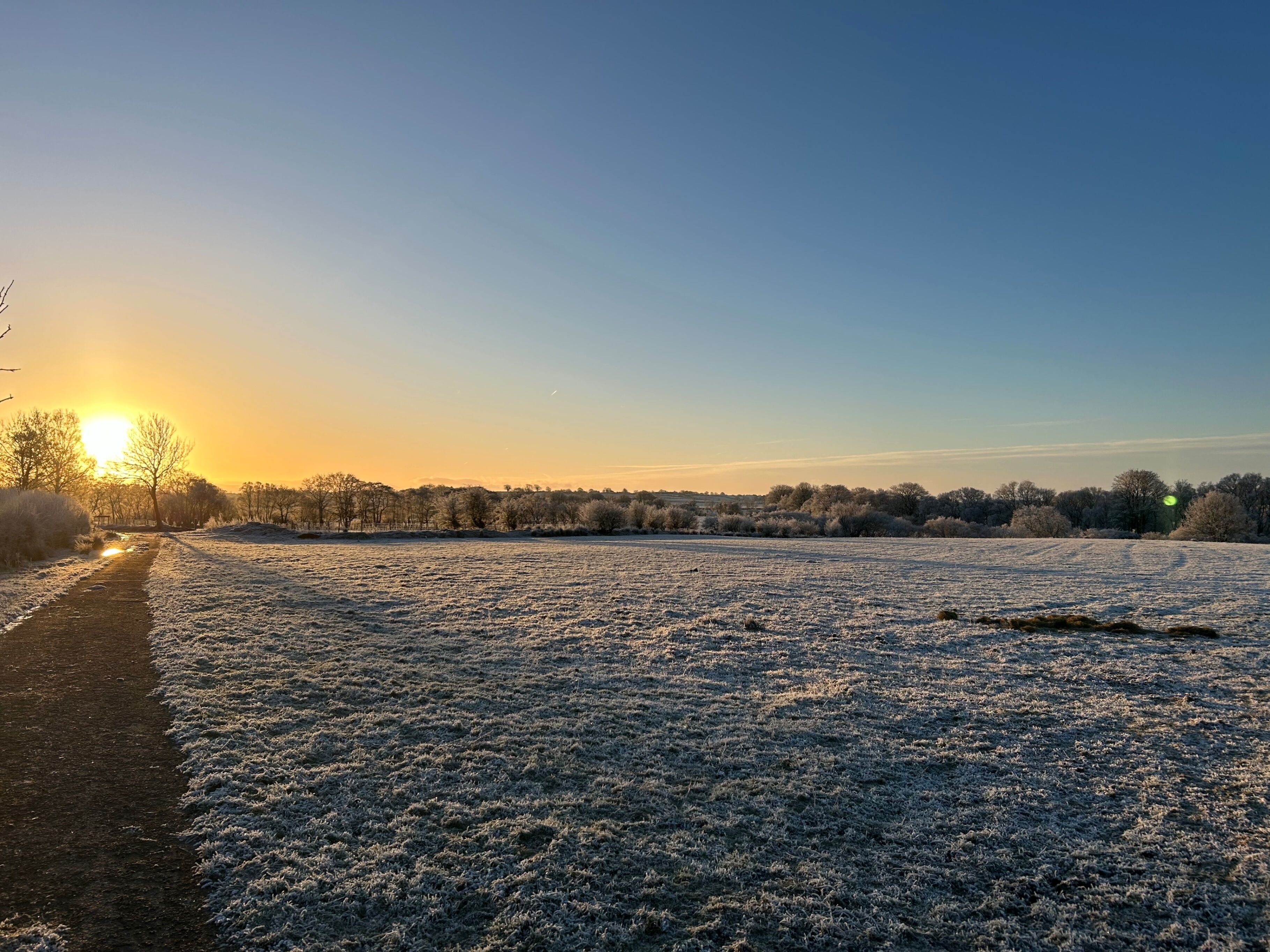 A frost-covered field with a path leading to a building.