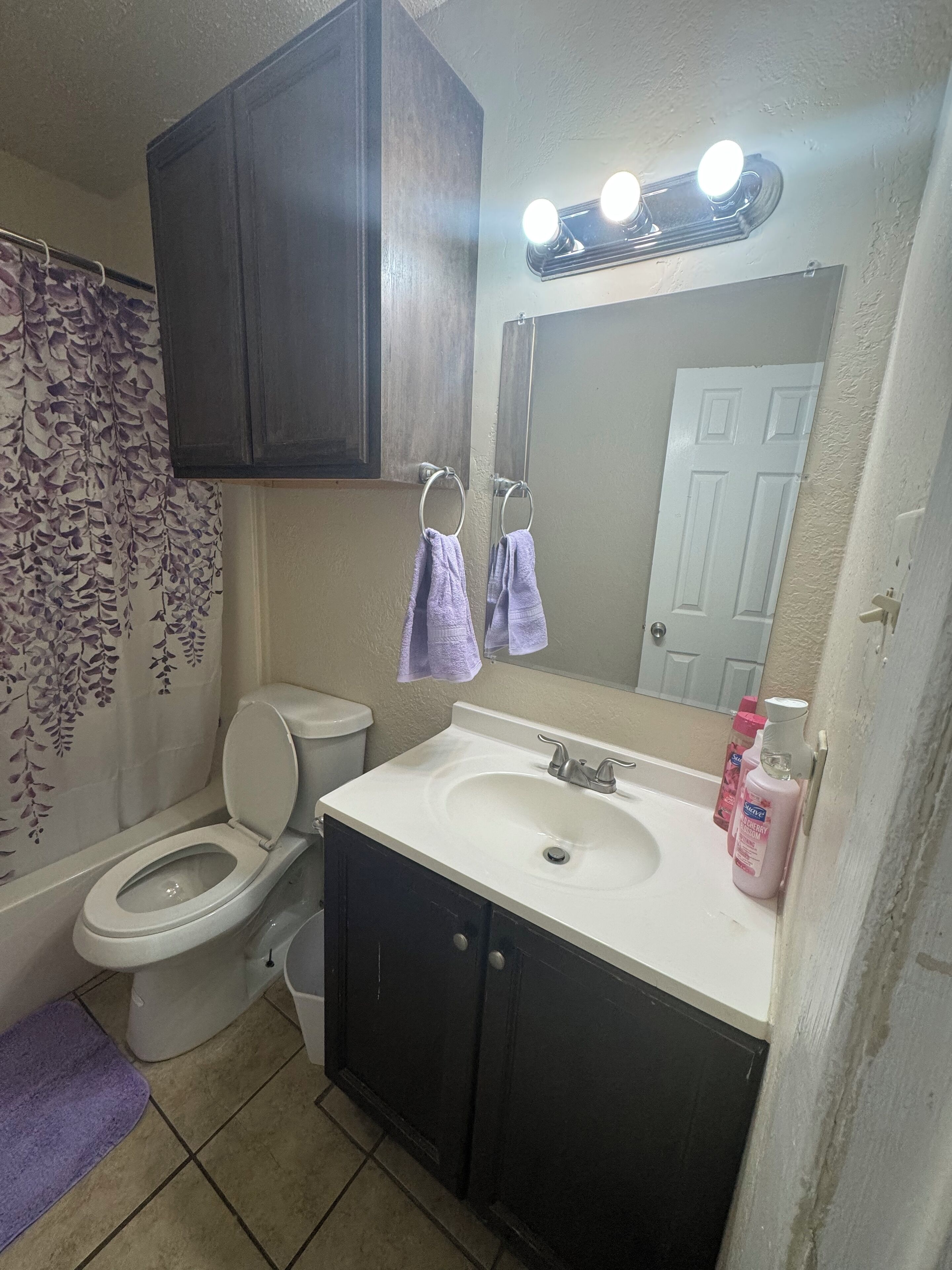 Ein Badezimmer mit Toilette, Waschbecken und Spiegel. Handtücher hängen an der Wand und ein Duschvorhang mit Blättermotiv ist angebracht.