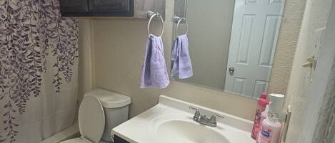 Ein Badezimmer mit Toilette, Waschbecken und Spiegel. Handtücher hängen an der Wand und ein Duschvorhang mit Blättermotiv ist angebracht.