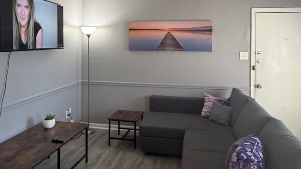 A living room with a grey sofa, a small table, a floor lamp, a TV mounted on the wall, and a painting of a sunset over water. - Cozy 1-bedroom apartment with AC, WiFi and Washer/Dryer in Irving (Irving)