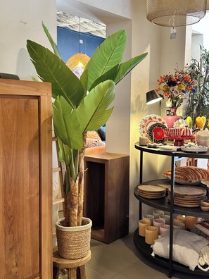 A room with a large potted plant, a wooden cabinet, a shelf with plates, and a table with decorative items. - Villa Veva fully equipped Waterfront Escape (Kralendijk)