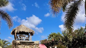 Una piscina con paredes de piedra y una estructura de techo de paja.