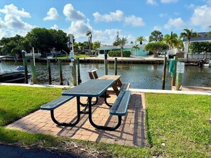 A waterfront picnic area with a table and benches, surrounded by a grassy area and a body of water.
