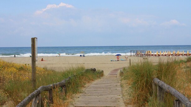 A wooden pathway leading to a beach with umbrellas and lounge chairs.