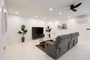 Ein modernes Wohnzimmer mit einer Couch, einem Flachbildfernseher, einem Deckenventilator und zwei Blumentöpfen.