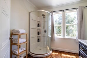 Shower, hair dryer, towels, soap