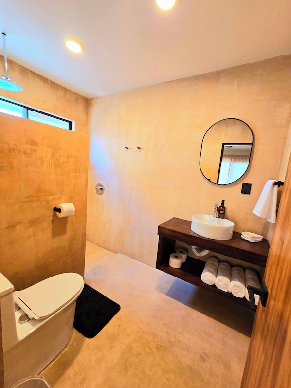 Hair dryer, towels, soap, shampoo