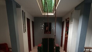 Una habitación con una planta verde en el centro, un sofá azul y una silla roja.