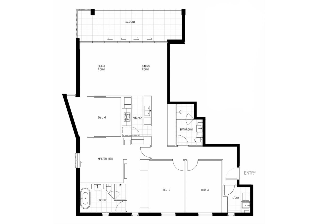 Plano de planta de un hotel con balcón, sala de estar, comedor, cocina, dormitorio principal, baño privado y tres habitaciones estándar.