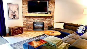 TV connectée, cheminée, livres