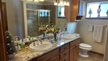 Hair dryer, towels, soap, shampoo