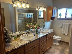 Hair dryer, towels, soap, shampoo