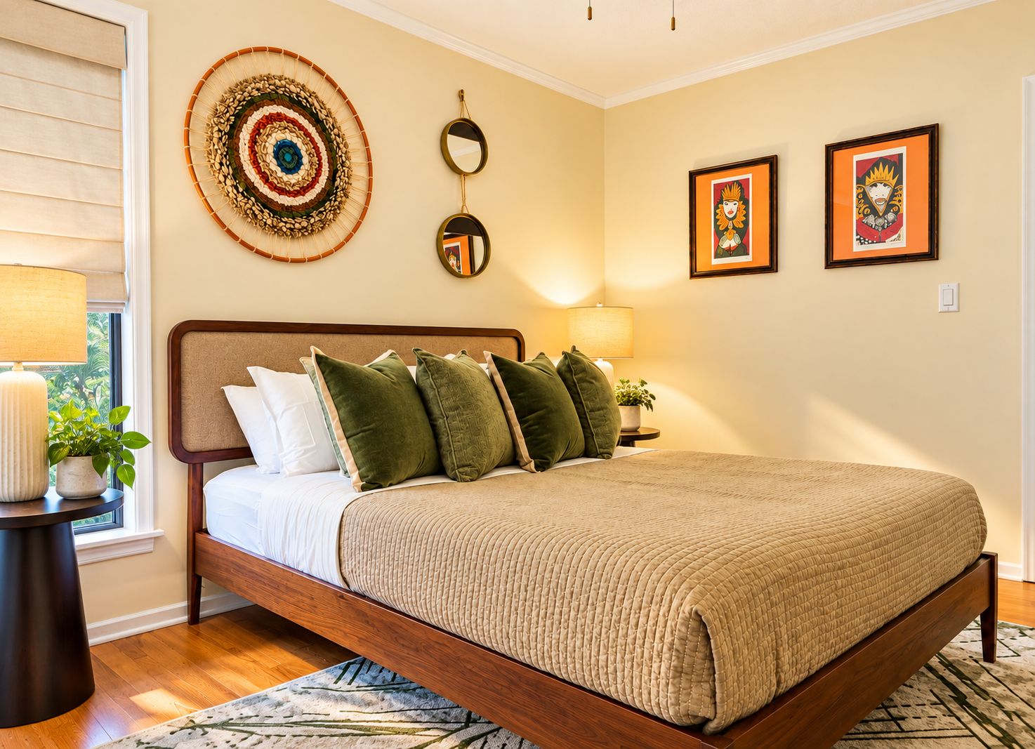A bedroom with a bed, pillows, a bedside table with a lamp, a wall hanging, and framed artwork.
