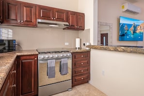 A kitchen with wooden cabinets, a stainless steel stove, granite countertops, and a wall-mounted TV.