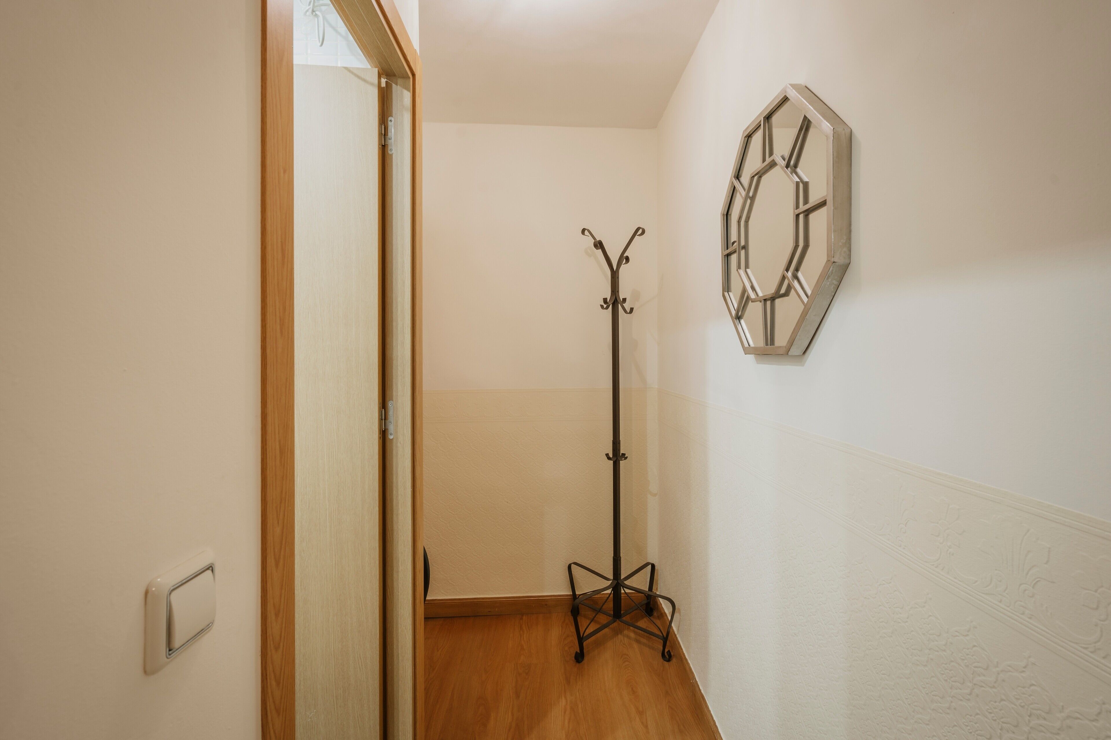A hallway with a coat rack, a light switch, and a decorative wall piece.