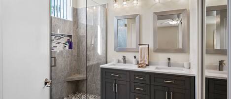 Hair dryer, towels, soap, toilet paper