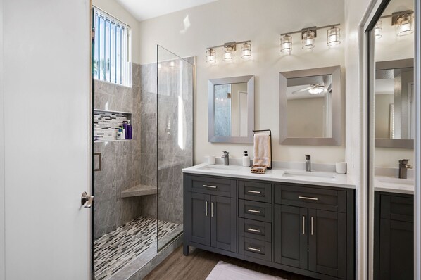 Hair dryer, towels, soap, toilet paper