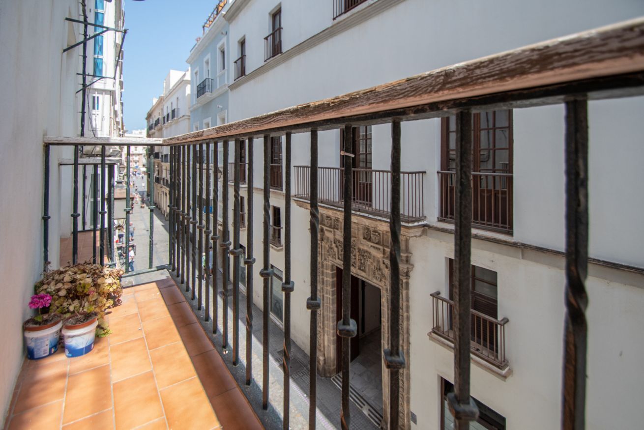 Uma varanda estreita com grades de ferro forjado, plantas em vasos e vista para edifícios vizinhos.