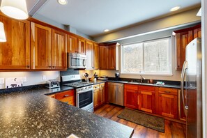 Fridge, microwave, oven, stovetop - Stunning mountain-view home on Glacier Creek with deck, BBQ, and family friendly (Girdwood)