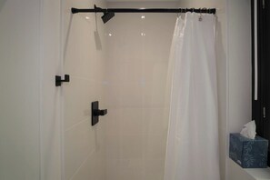 Chuveiro, secador de cabelo, toalhas de banho 