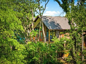 A rustic cabin surrounded by dense forest, with a porch and large windows. - Fairway Treehouses (Berryville)