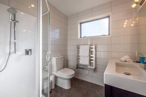 Shower, hair dryer, towels, shampoo