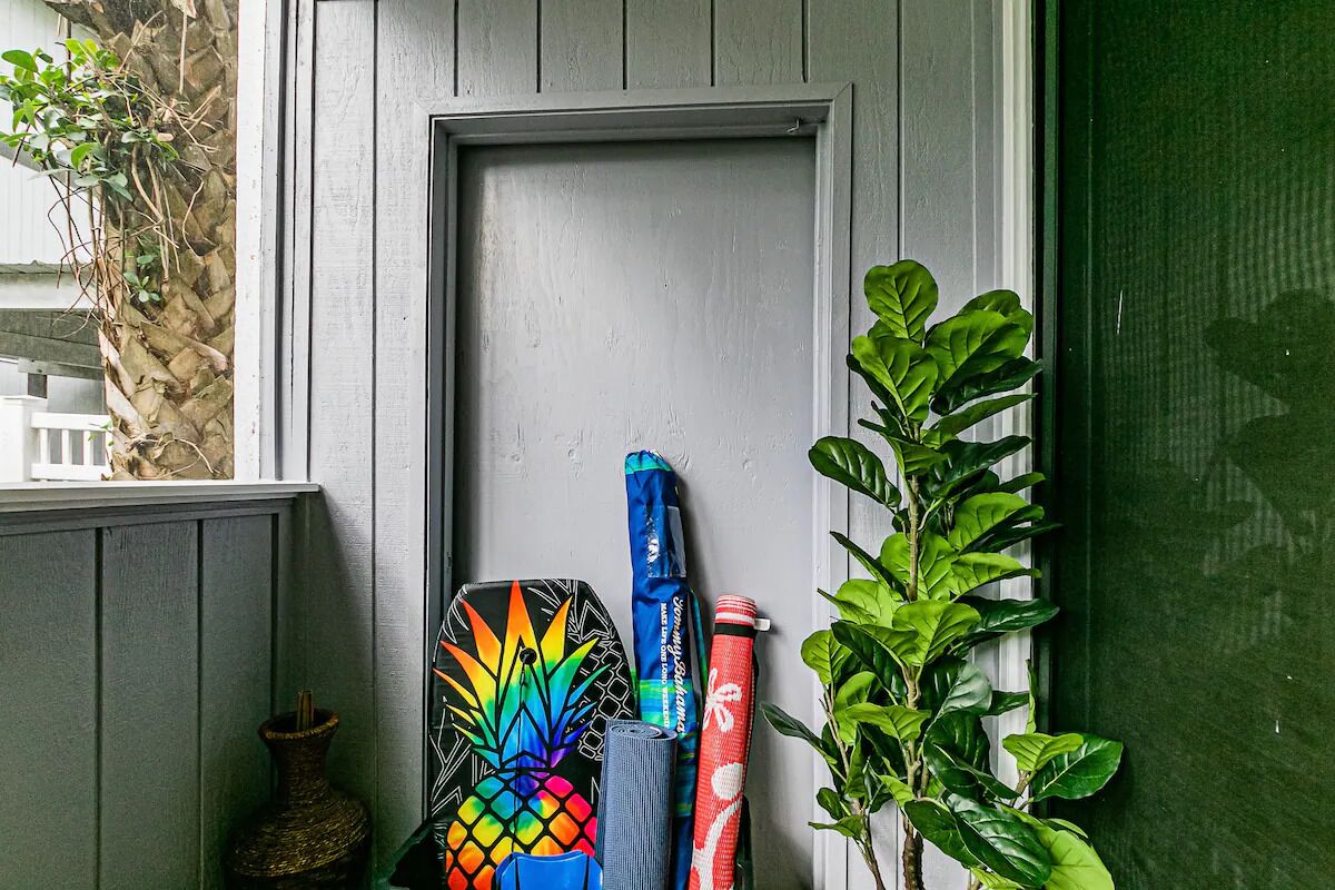 A door with a plant beside it and yoga mats leaning against the wall.