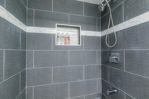 Hair dryer, towels, soap, shampoo
