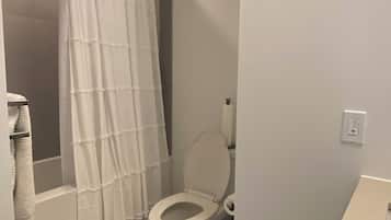 Hair dryer, towels, soap, shampoo