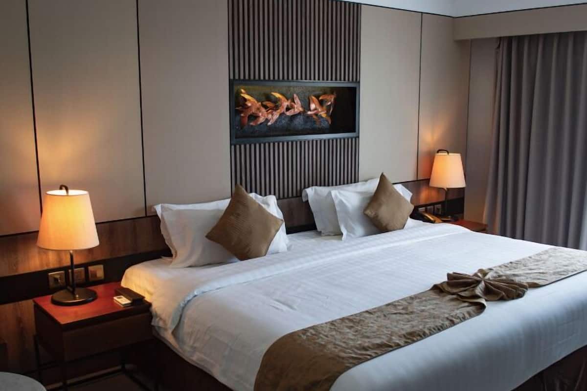 Une chambre d’hôtel avec un grand lit, deux tables de chevet avec des lampes, un téléviseur à écran plat fixé au mur et une fenêtre avec des rideaux.