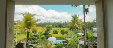 A view from a room with a tiled floor and a window overlooking a garden with a pond, palm trees, and a clear sky.