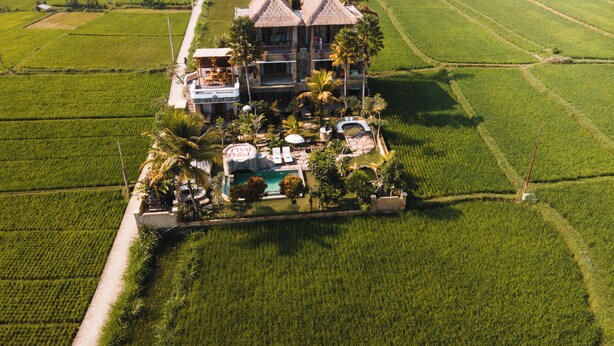 A large house with a pool and a garden, surrounded by lush green fields. - The Nenggala Suite (Taro)