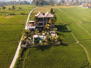 A large house with a pool and a garden, surrounded by lush green fields. - The Nenggala Suite (Taro)
