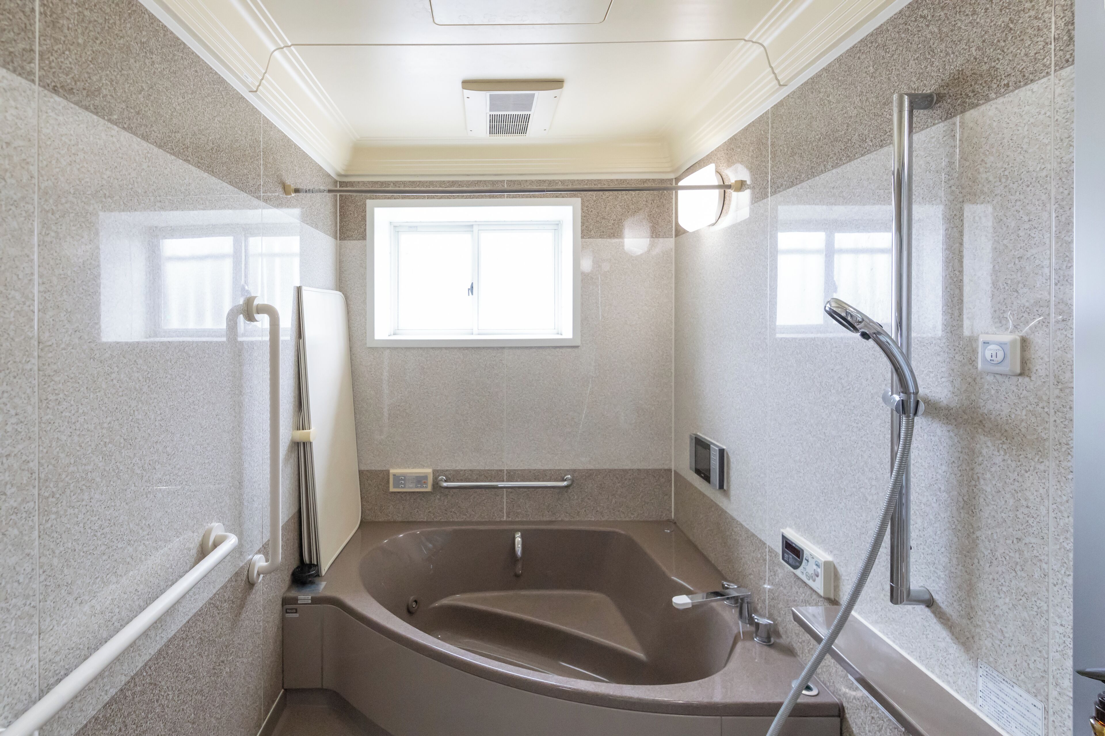 A modern bathroom with a freestanding bathtub, a handheld showerhead, and a window providing natural light.