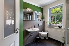 Shower, hair dryer, towels