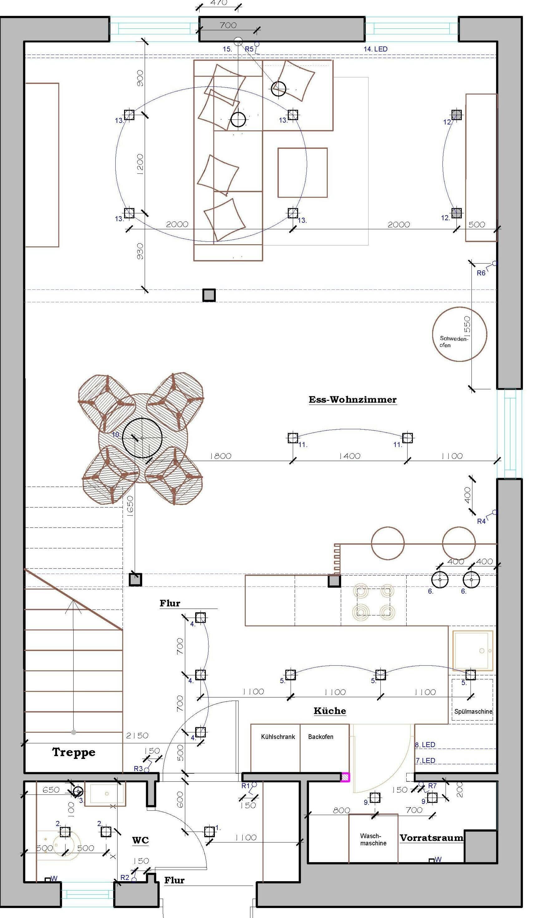 A floor plan with a living room, kitchen, WC, and a treppe.