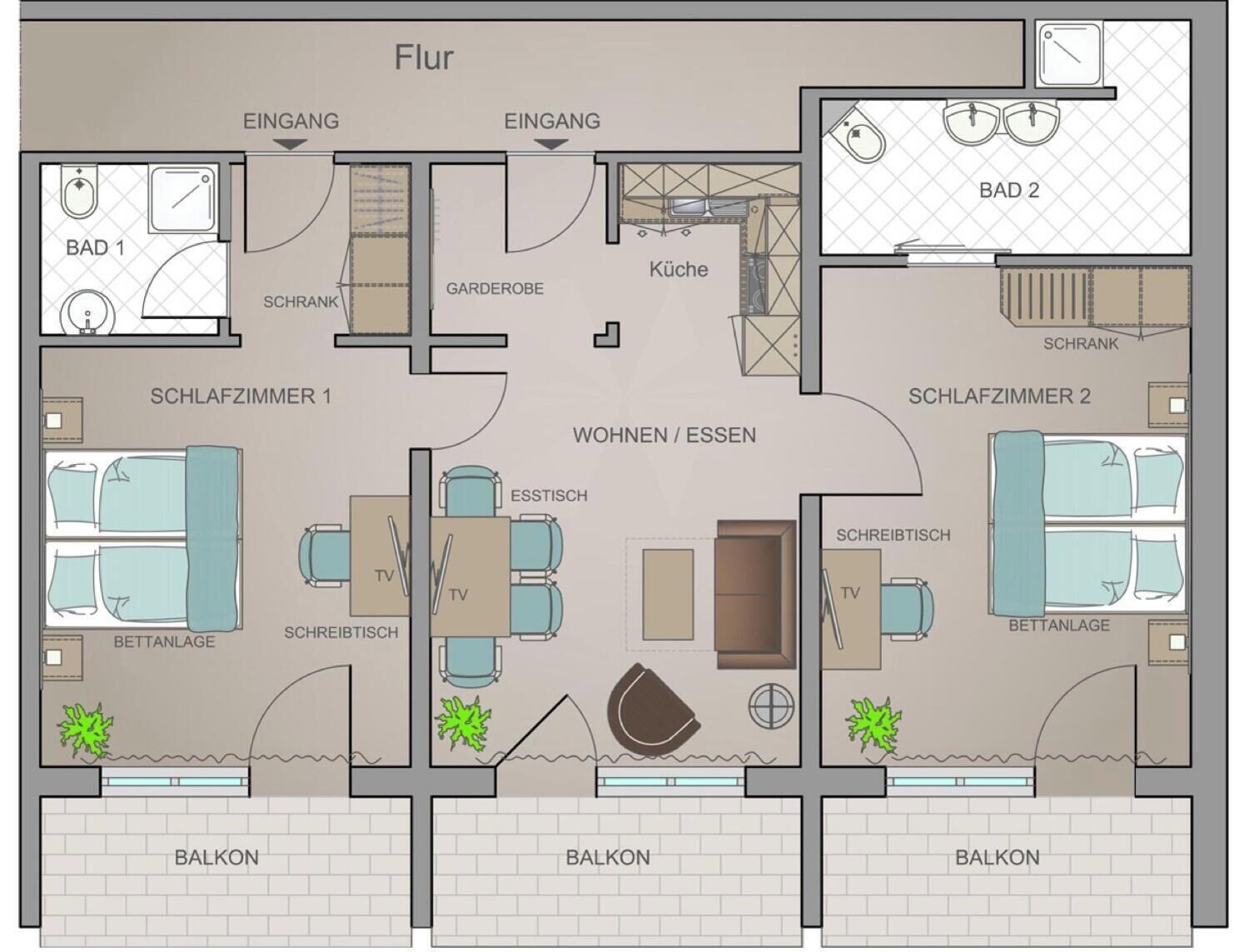 Ein Grundriss eines Hotels mit zwei Bädern, einer Küche, zwei Schlafzimmern, einem Wohnbereich und einem Balkon.